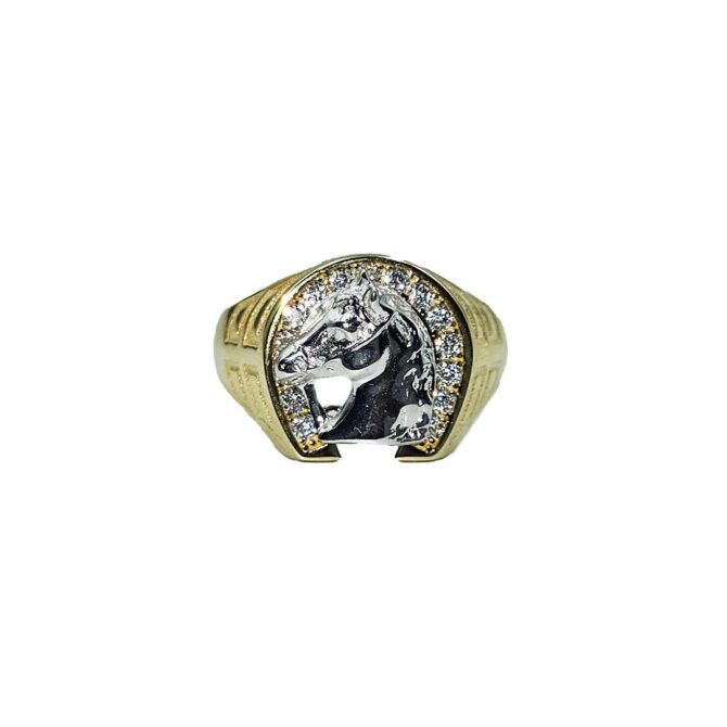 9Kt Yellow Gold Gents Cubic Zirconia Horse Head Ring